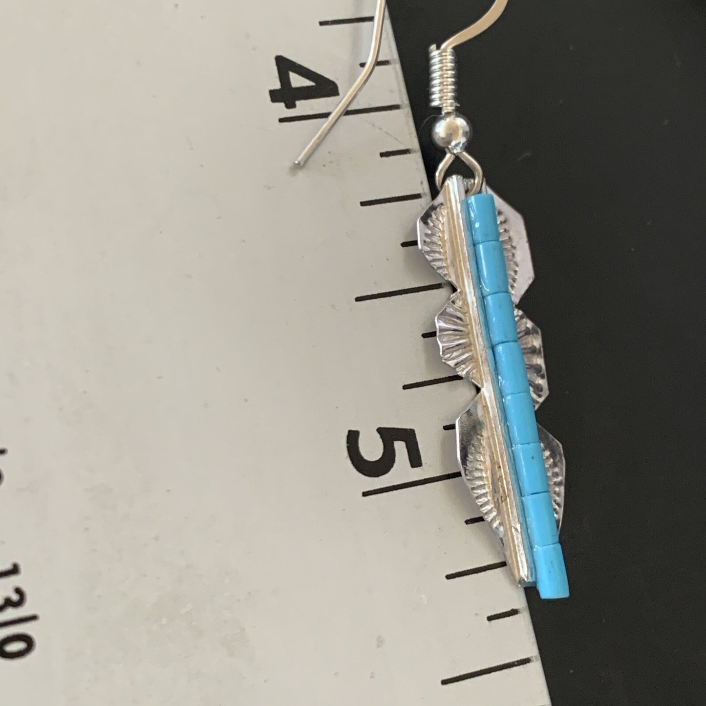 Blue Turquoise Sterling Silver Navajo Handmade Inlay Feather Earrings 13063
