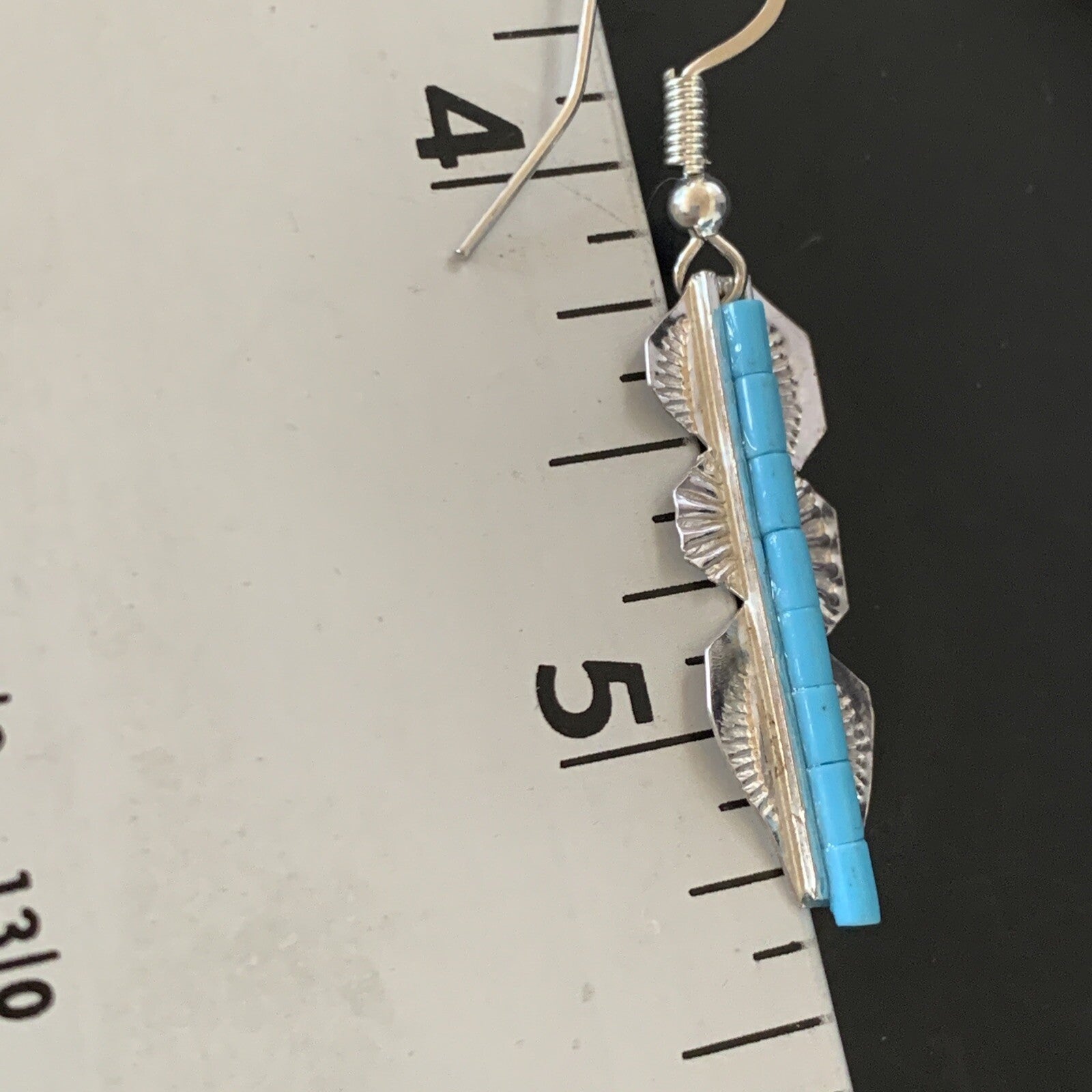 Blue Turquoise Sterling Silver Navajo Handmade Inlay Feather Earrings 13063