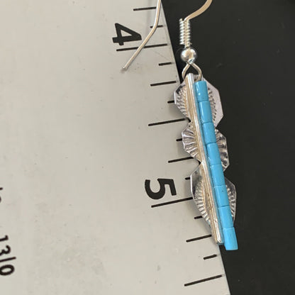 Blue Turquoise Sterling Silver Navajo Handmade Inlay Feather Earrings 13063