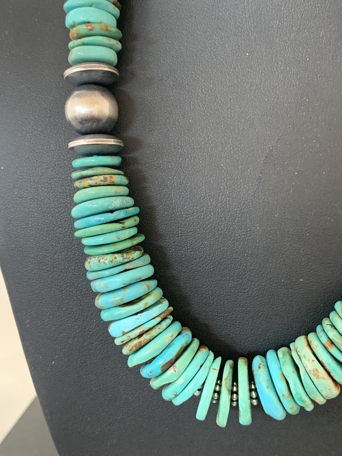 Blue Turquoise Graduated Navajo Pearls Sterling Silver Necklace 00248