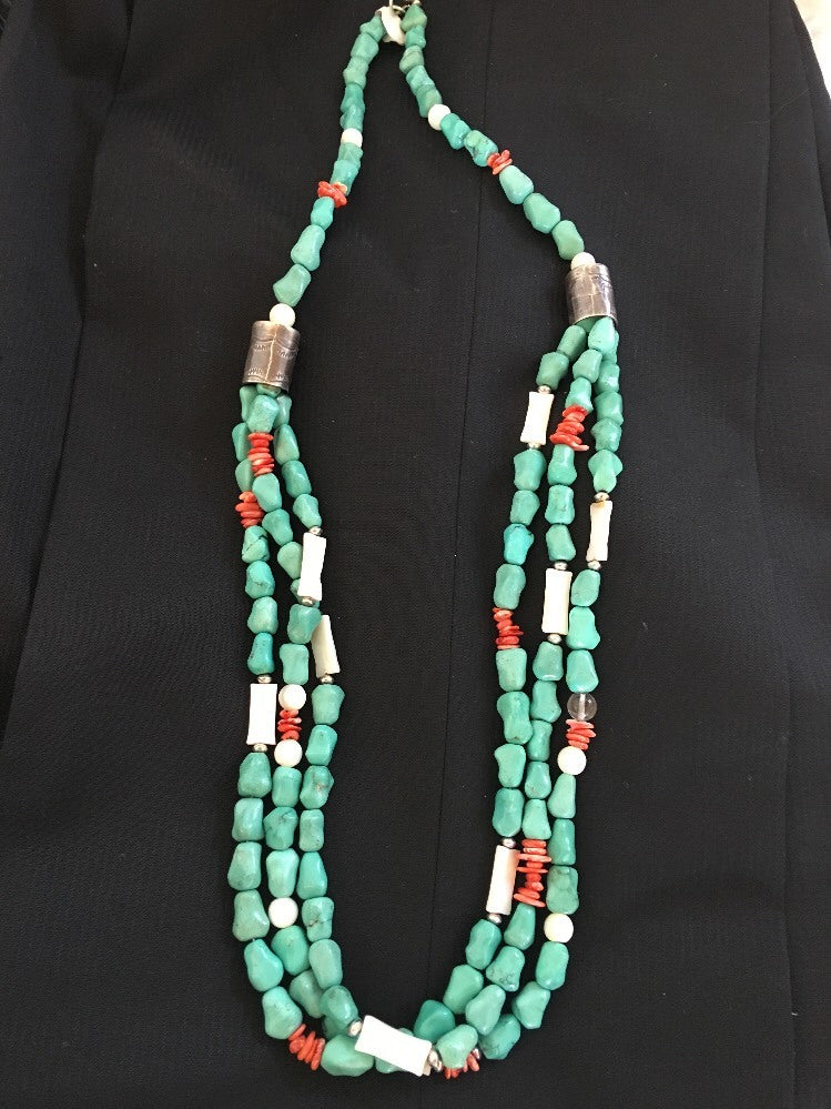 Turquoise, Mother Of Pearl, Spiny 3 Strands Navajo Sterling Silve Necklace 03262