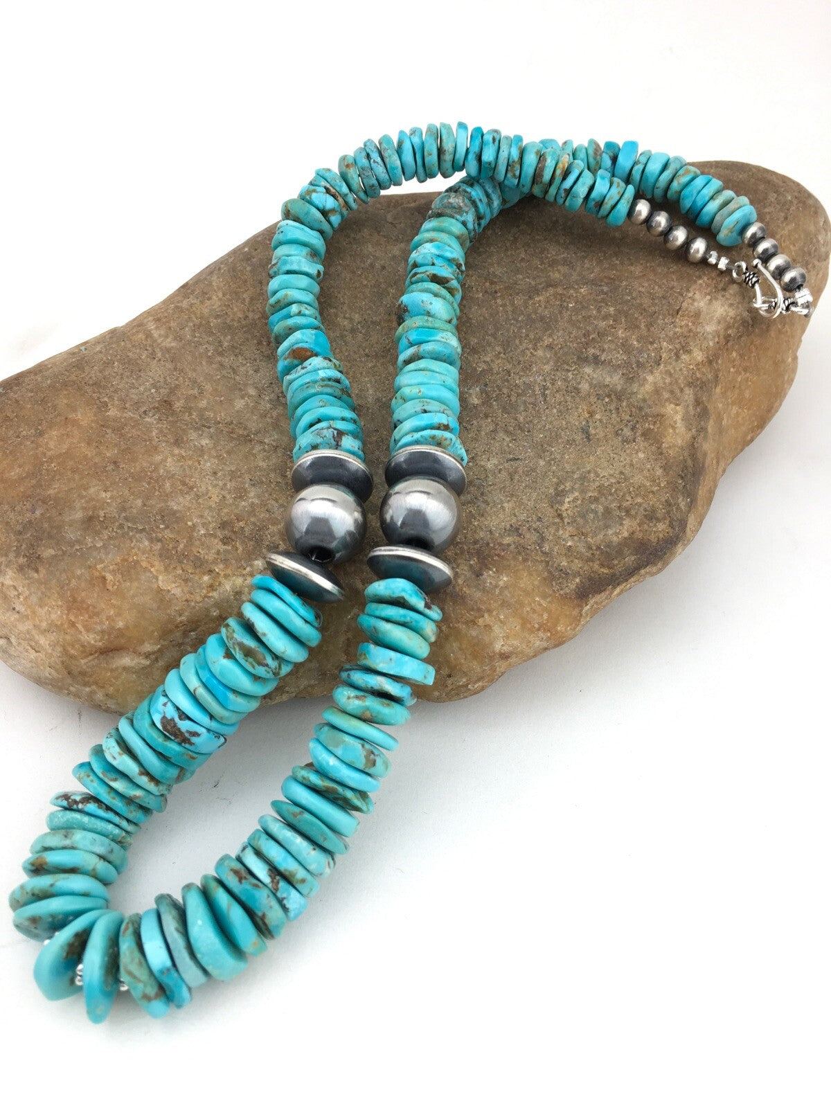 Native Blue Graduated Turquoise Navajo Sterling Silver Necklace 20" 04809