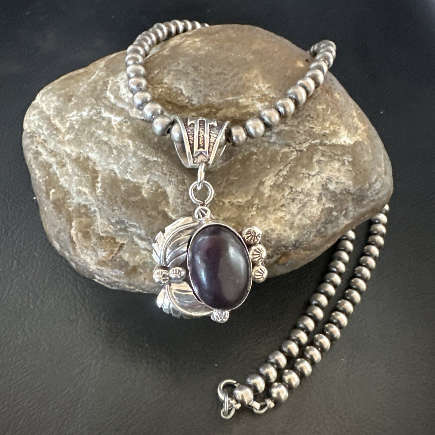 Purple Stone Pendant Navajo Pearls Sterling Silver Necklace 20” 18046
