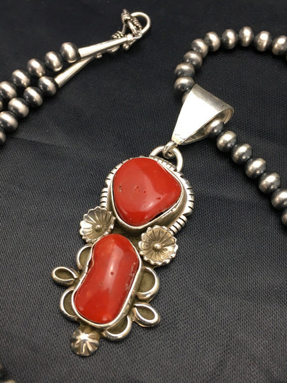 Red Coral Cluster Pendant Navajo Sterling Silver Necklace Native American 18930
