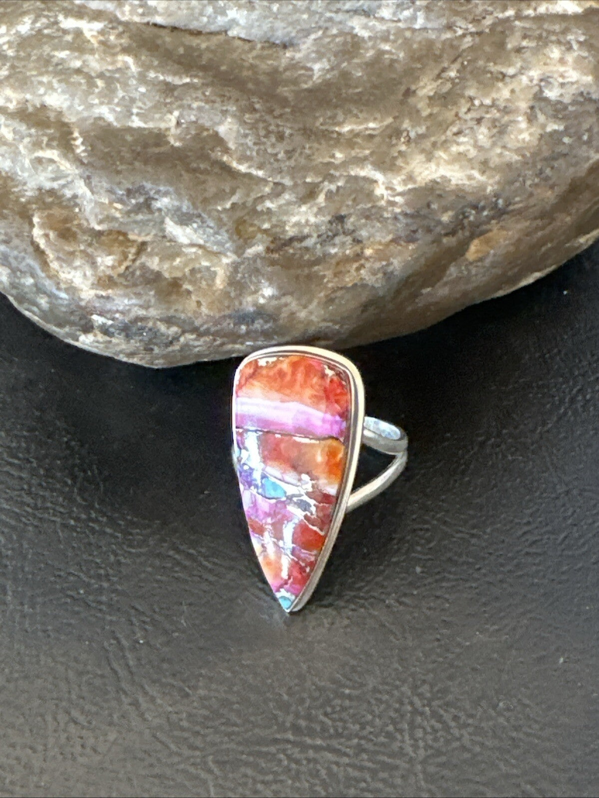 Blue Turquoise Spiny Oyster Southwestern Sterling Silver Ring Size 8.5 18545