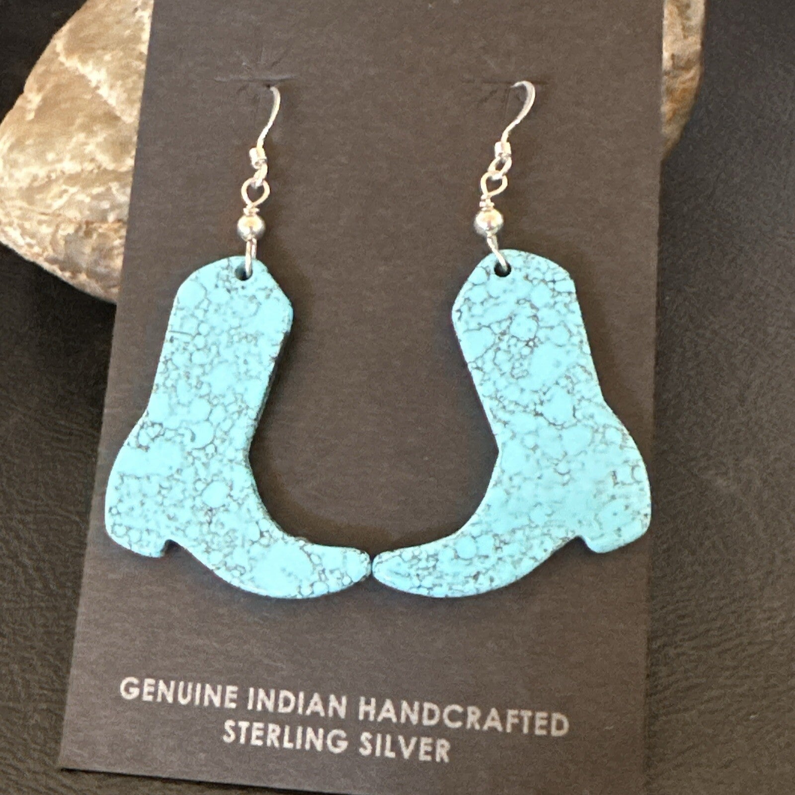 Western Cowboy Boots Navajo Slab Blue Turquoise Sterling Silver Earrings 17875