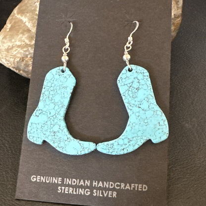 Western Cowboy Boots Navajo Slab Blue Turquoise Sterling Silver Earrings 17875