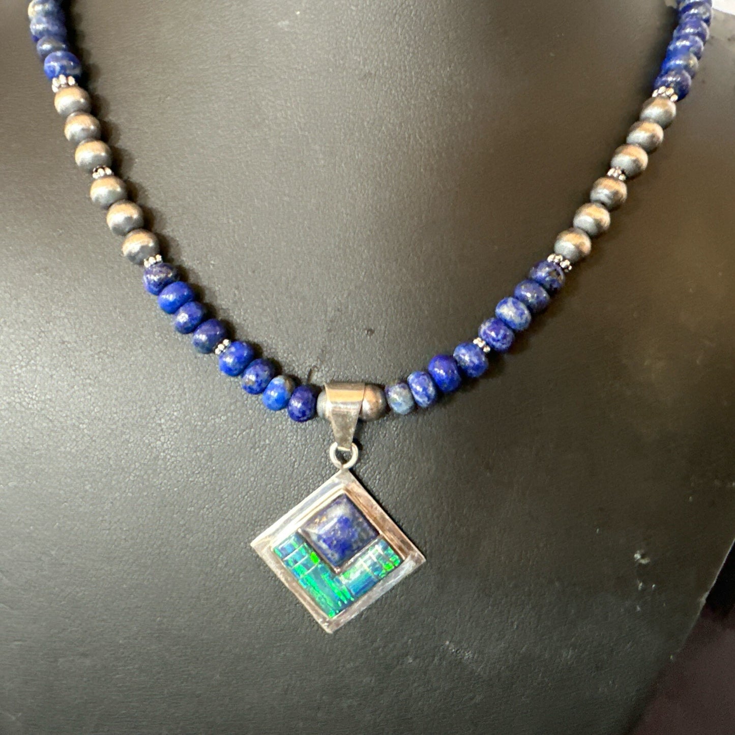 Mens Womens Blue Lapis Opal Navajo Sterling Silver Pendant Necklace 21”18339