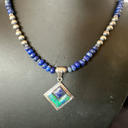 Mens Womens Blue Lapis Opal Navajo Sterling Silver Pendant Necklace 21”18339