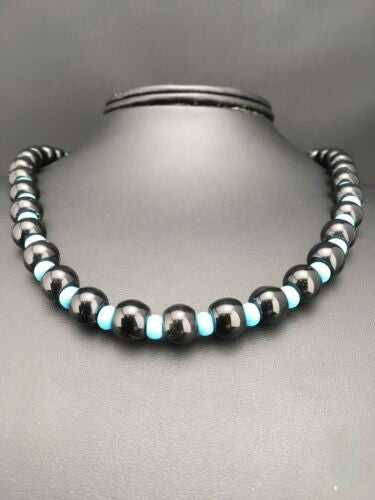 Navajo Black Onyx & Turquoise Bead Necklace Sterling Silver 18" 4882
