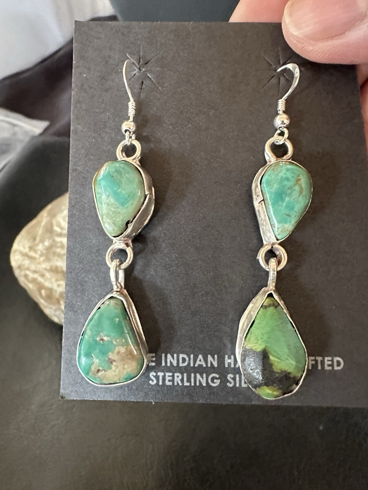 Green Royston Turquoise Navajo Sterling Silver Dangle Earrings 19370
