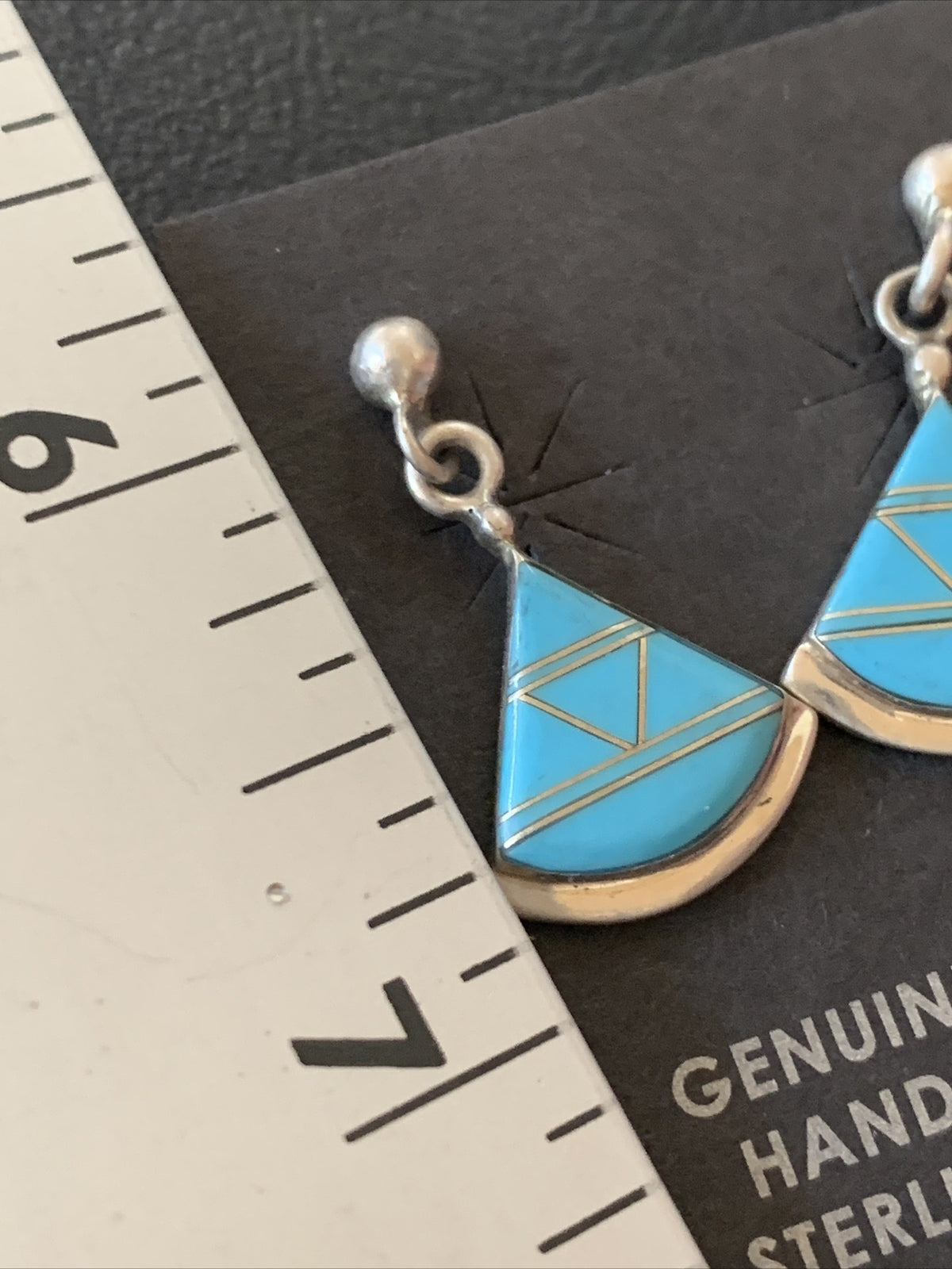 Blue Turquoise Inlay Zuni Sterling Silver Dangle Post Earrings 1" 12747