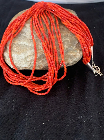 Apple Coral Tube Heishi Bead 10 Strand Navajo Sterling Silver Necklace 17” 4708