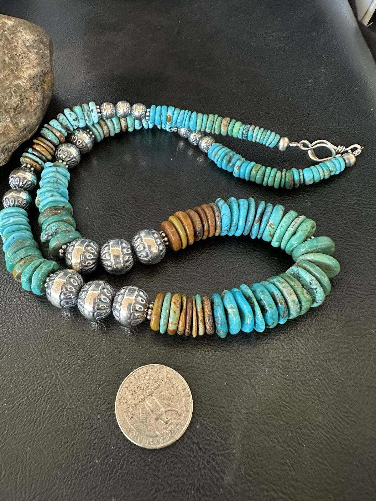WoMens Blue Green Turquoise Navajo Sterling Silver Necklace 24” 19492