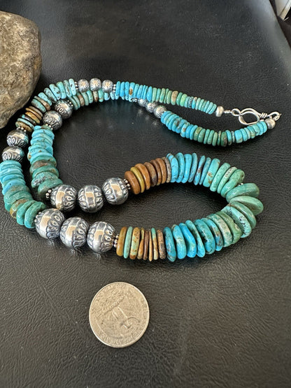 WoMens Blue Green Turquoise Navajo Sterling Silver Necklace 24” 19492