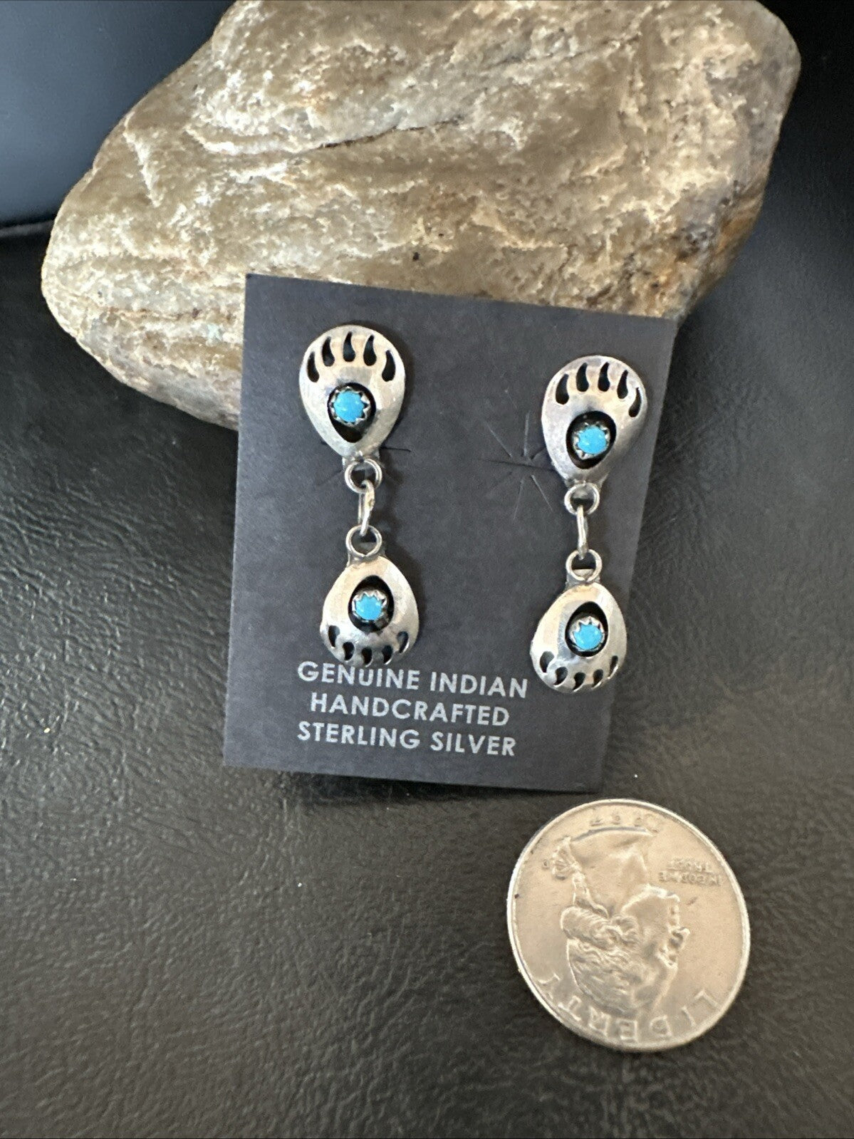 Navajo Blue Turquoise Sterling Silver Post Dangle Bear Paw Earrings 1.30" 4520