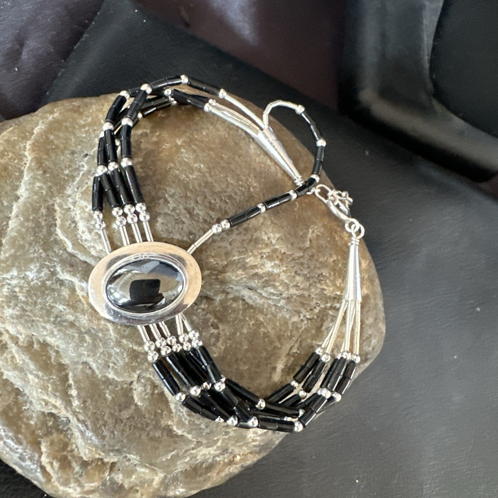 Black Onyx Heishi 5S Pend Southwestern Liquid Sterling Silver Bracelet 8” 17751