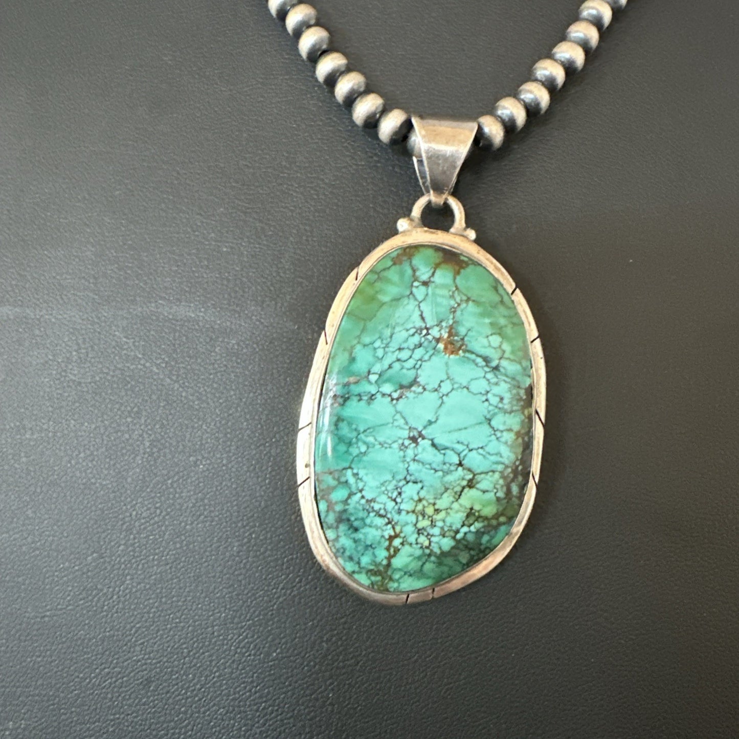 Blue  Green Spiderweb Turquoise Pendant  Sterling Silver Beads Necklace 19494