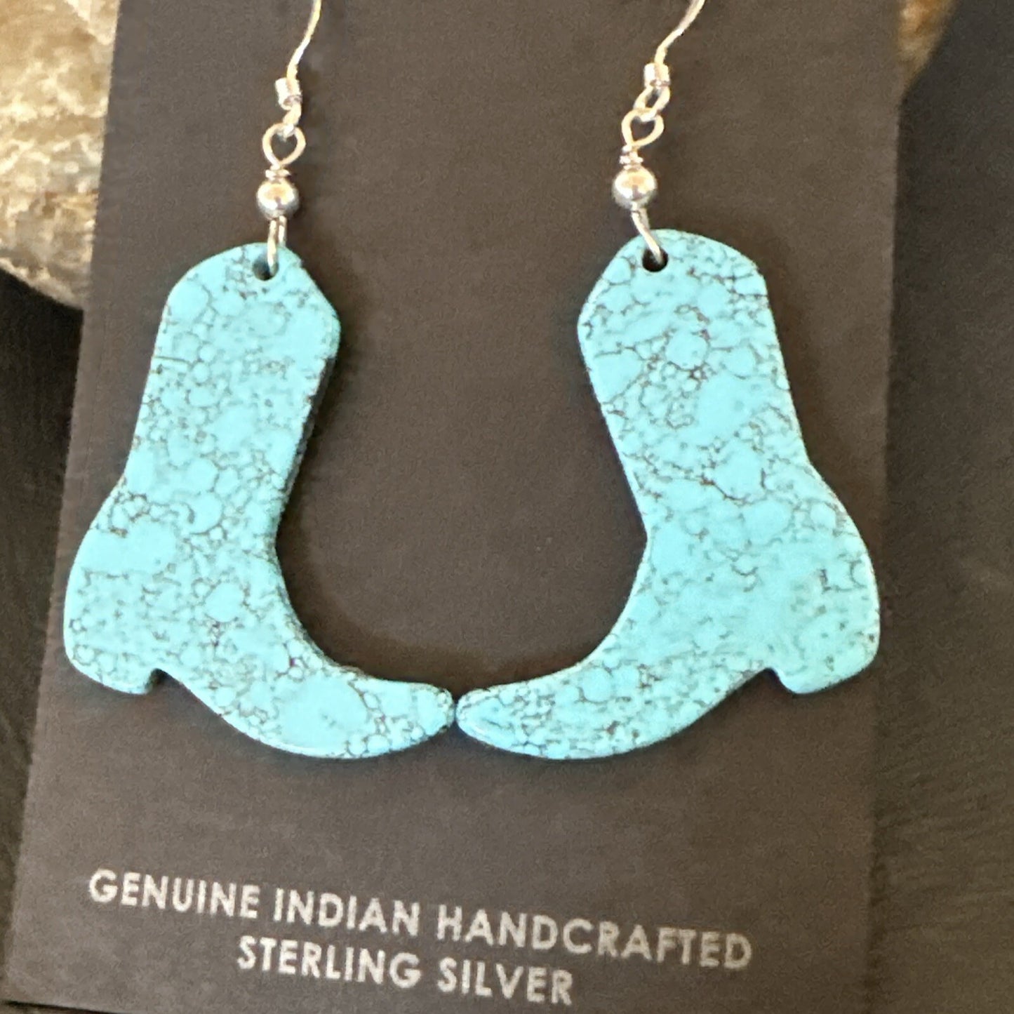 Western Cowboy Boots Navajo Slab Blue Turquoise Sterling Silver Earrings 17875