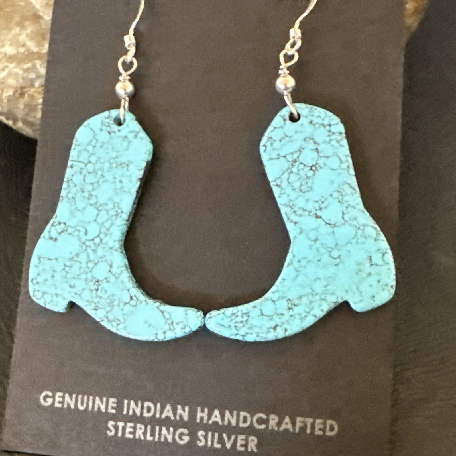 Western Cowboy Boots Navajo Slab Blue Turquoise Sterling Silver Earrings 17875