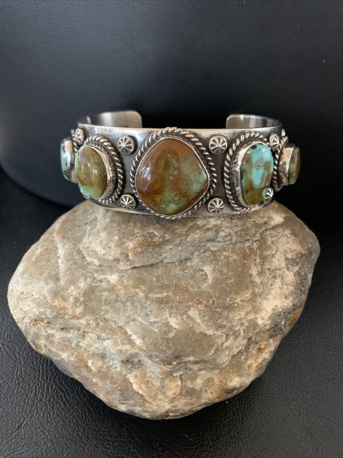 Green Royston Turquoise 5 Stone Navajo Sterling Silver Cuff Bracelet 1380