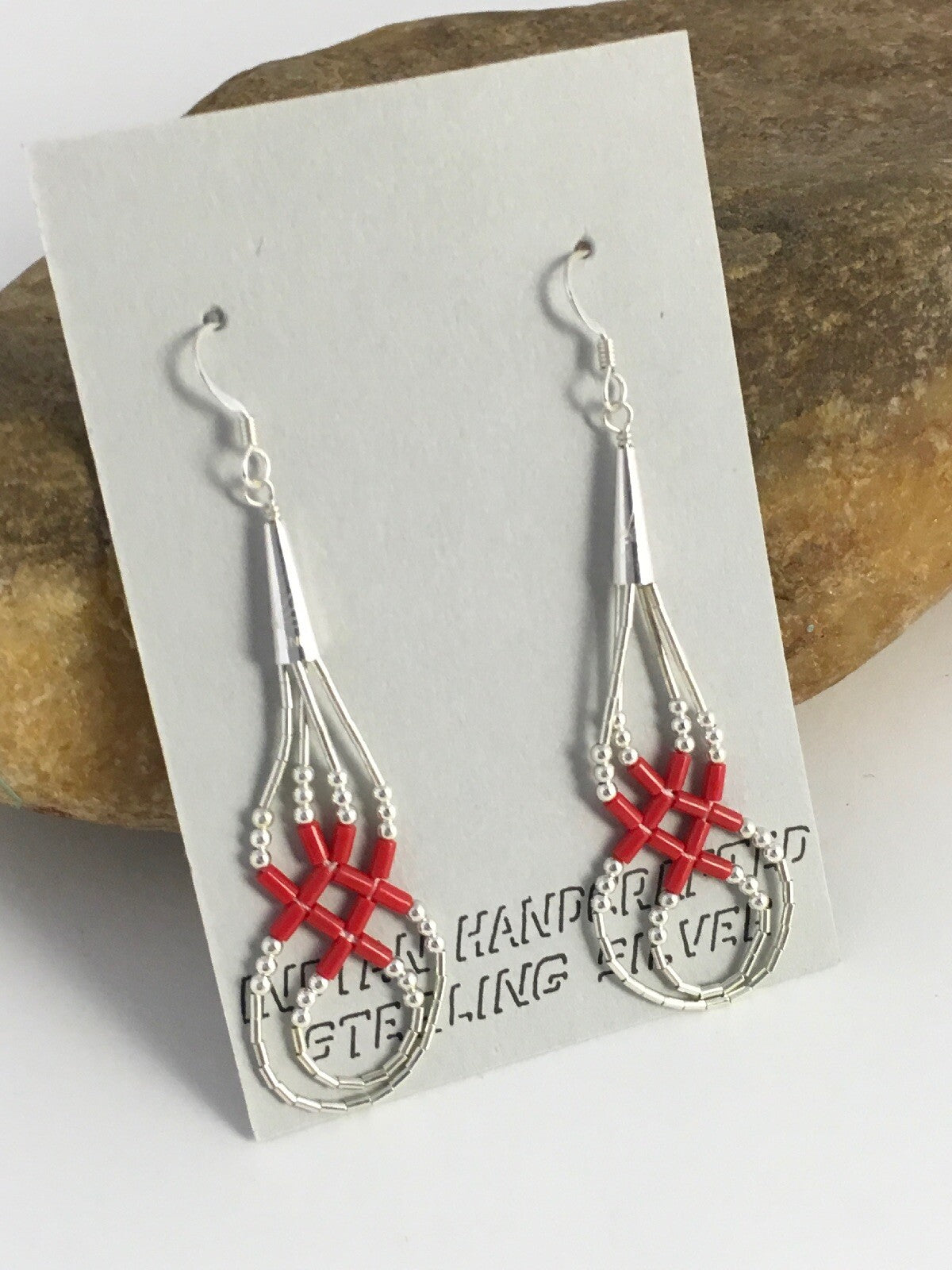 Native Red Coral Heishi Tube Liquid Sterling Silver Dangle Earrings 2" 08877