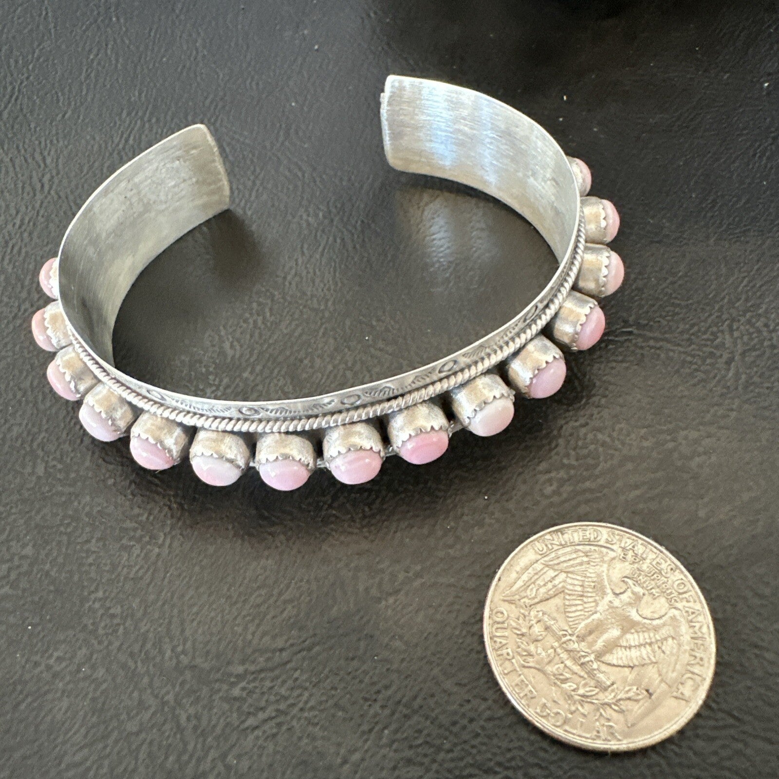 Navajo Pink Conch Cluster Sterling Silver Cuff Bracelet 18854