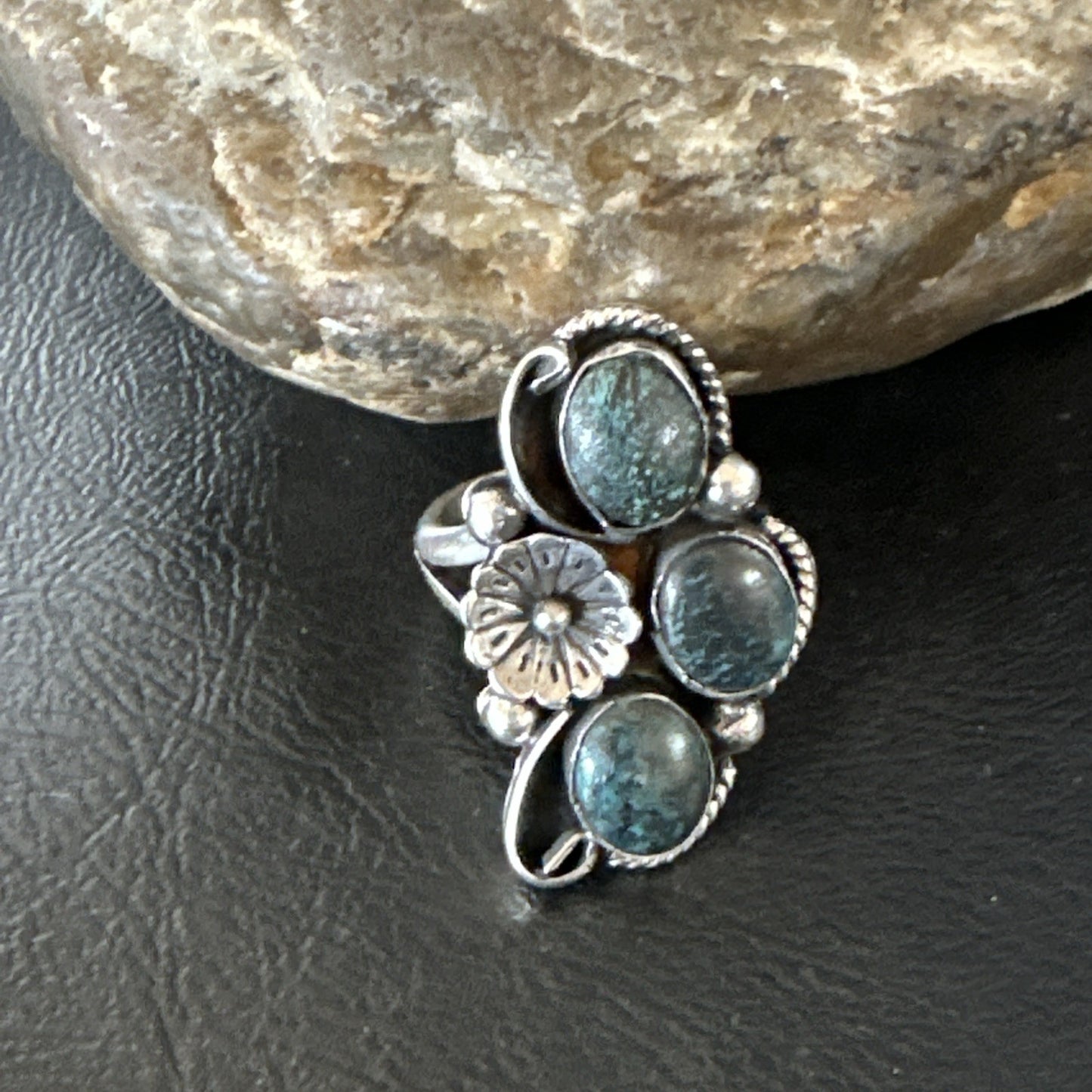 Yazzie Ring Blue Turquoise Navajo Sterling Silver Cluster Size 9.5 19241