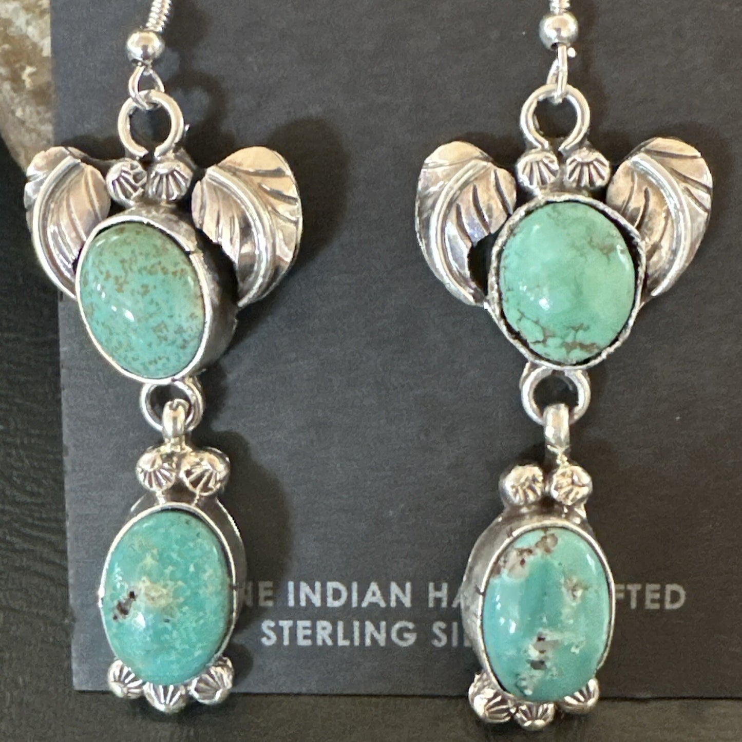 Navajo Green Turquoise Sterling Silver Dangle Earrings 2” 18044