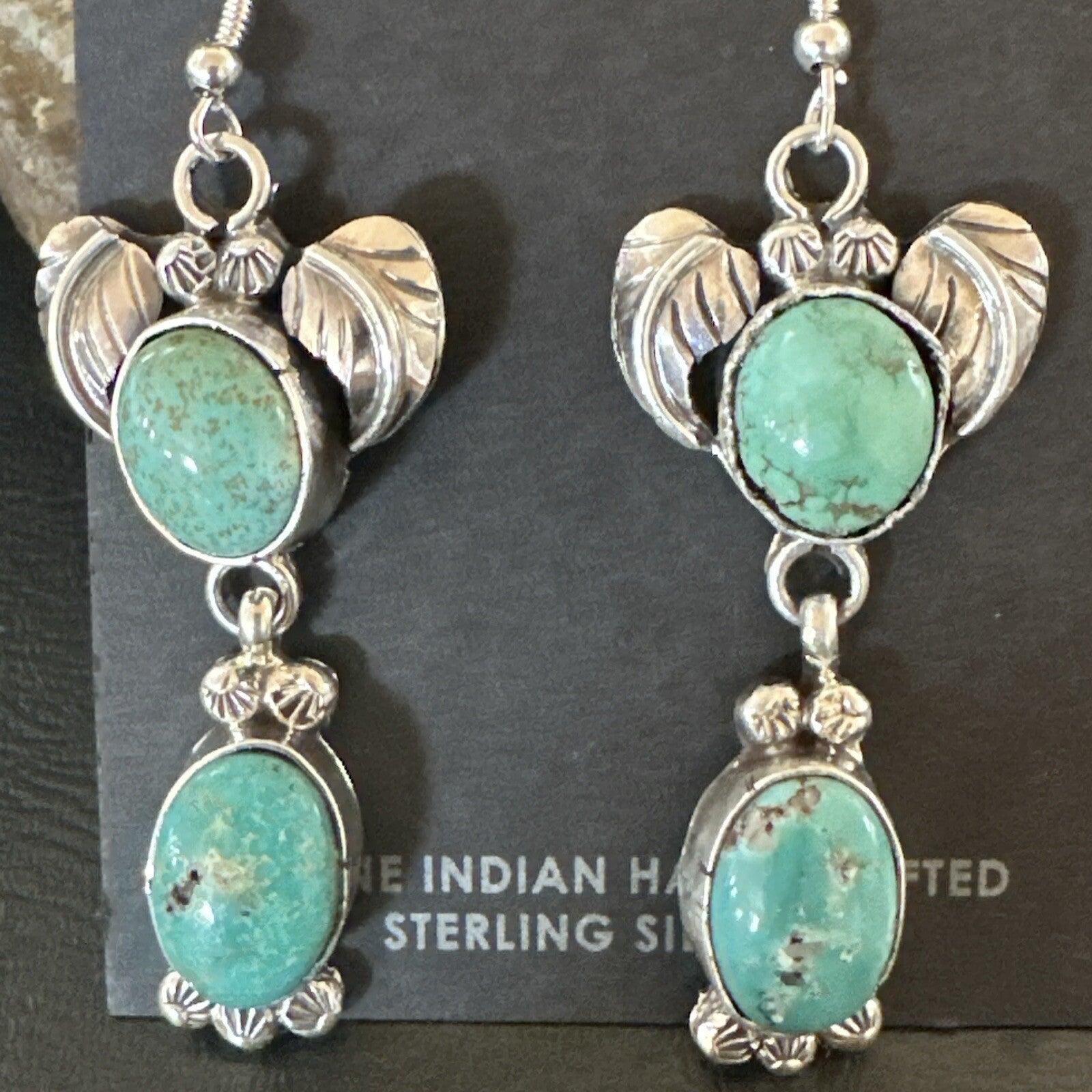 Navajo Green Turquoise Sterling Silver Dangle Earrings 2” 18044