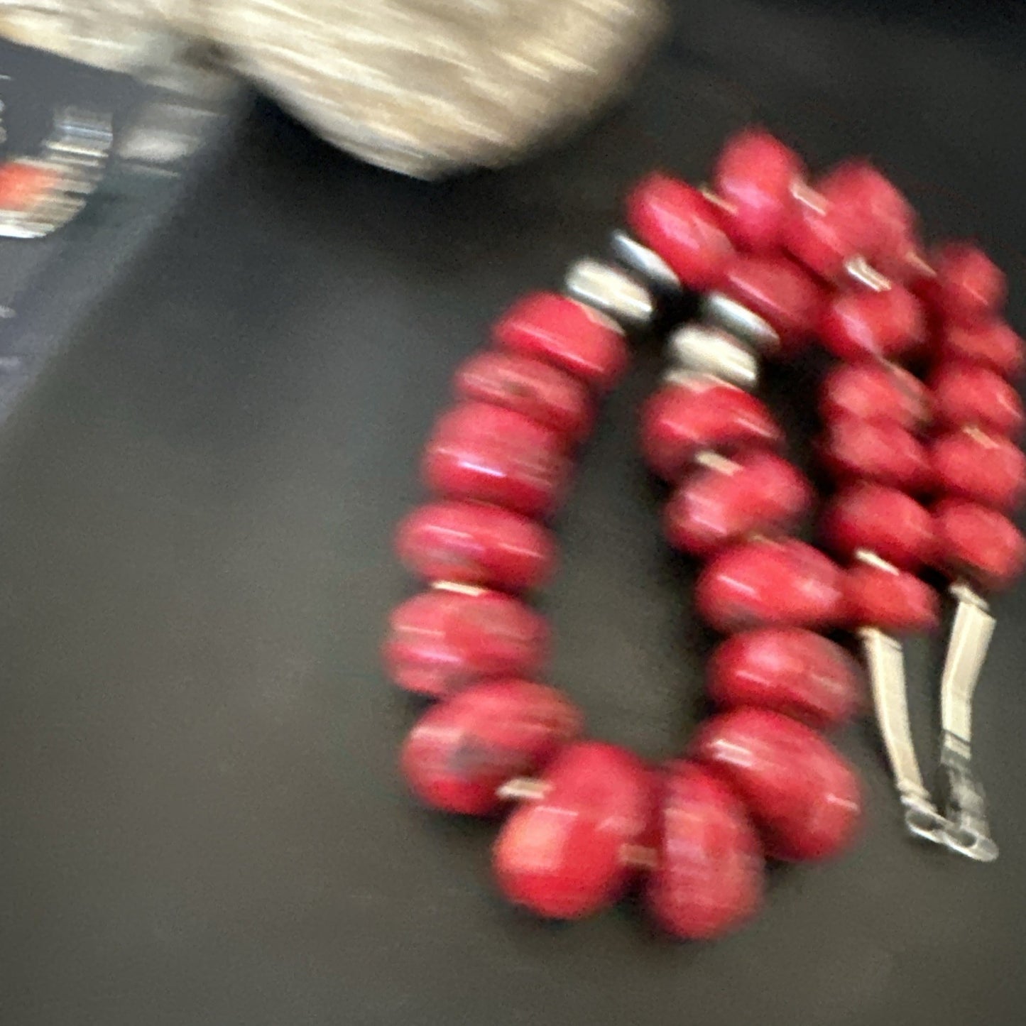 Chunky Navajo Red Bamboo Coral Sterling Silver Bead Necklace 24” Graduated 19532