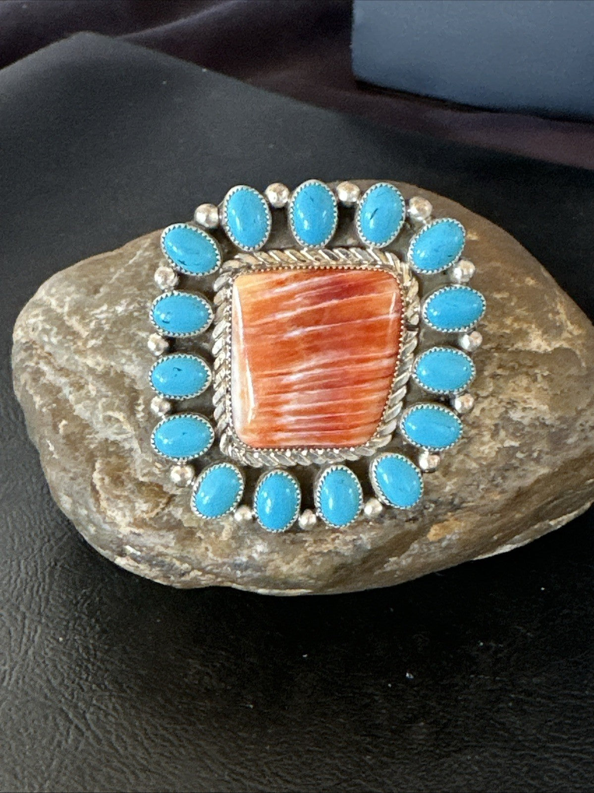 Orange Spiny Oyster Turquoise Navajo Sterling Silver Cluster Ring Sz 9 19761