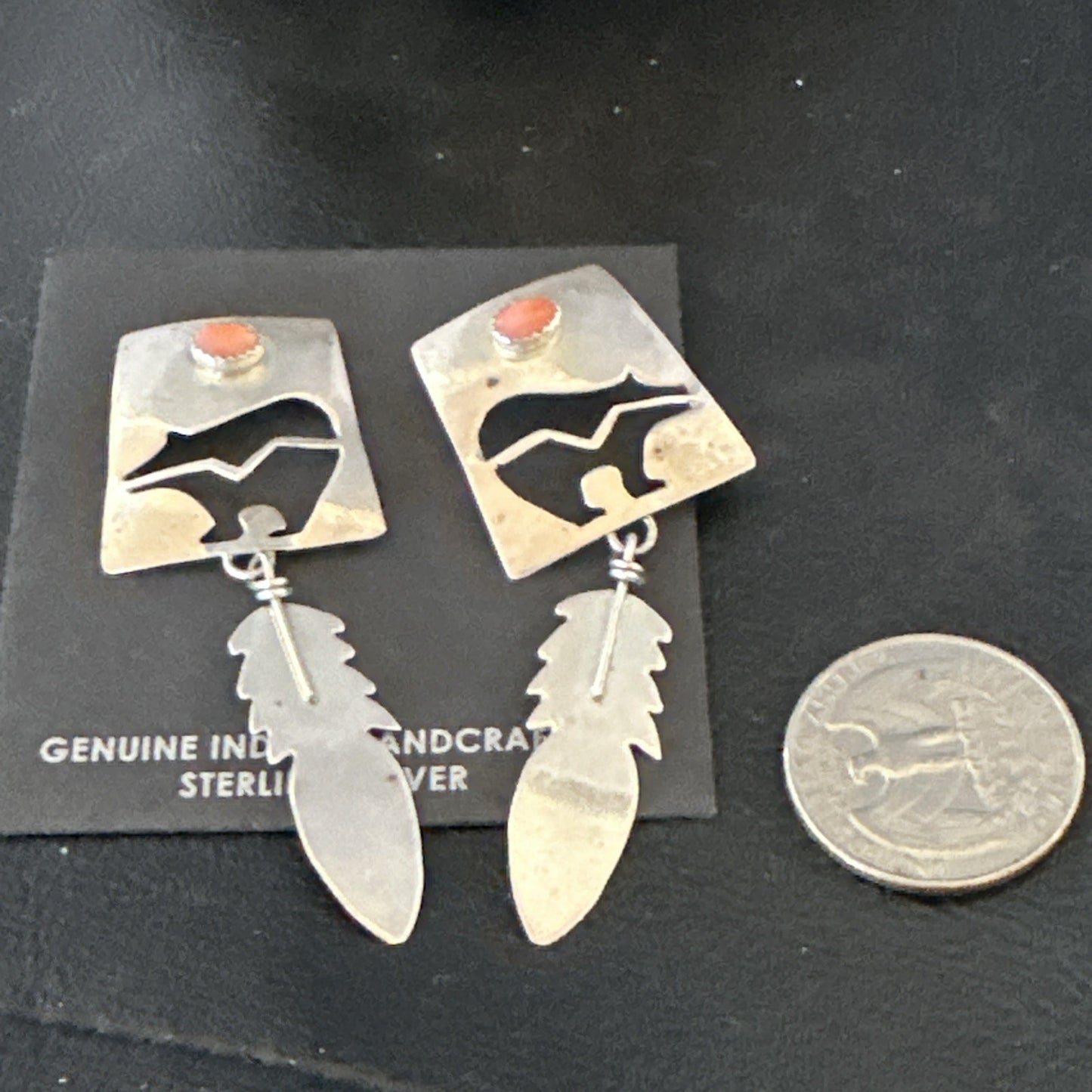 Old Pawn Pink Coral Navajo Sterling Silver Dangle Bear Feather Earrings 2” 19084