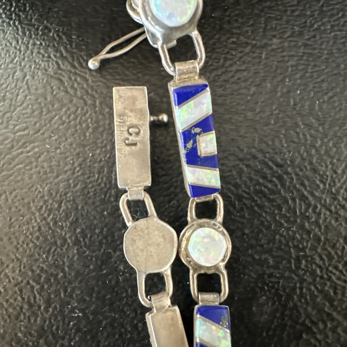 A Womens Blue Lapis Opal Sterling Silver Link Bracelet 7" 19794