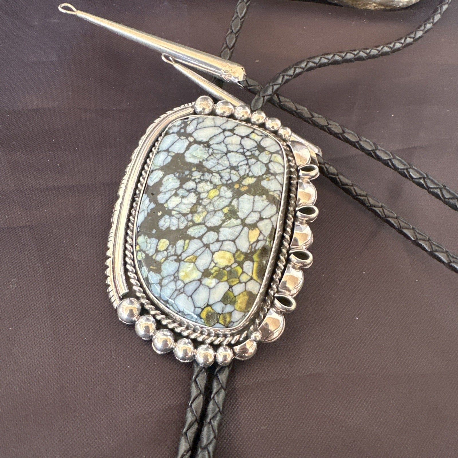 Mens BOLO TIE WHITE BUFFALO TURQUOISE Sterling Silver Navajo 2.7”19595