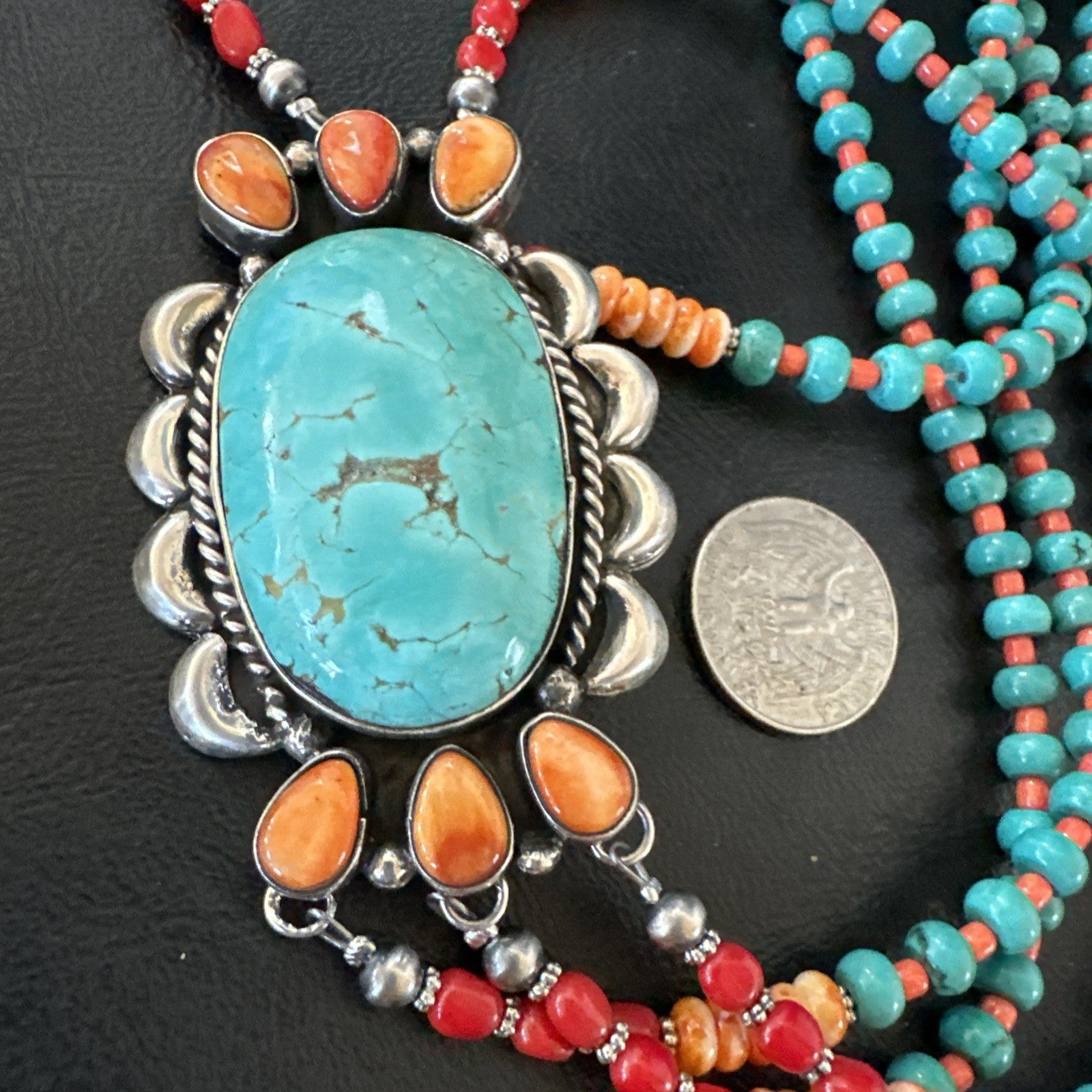 XL Statement Green Turquoise Spiny Navajo 3S Sterling Silver Necklace 34” 19676