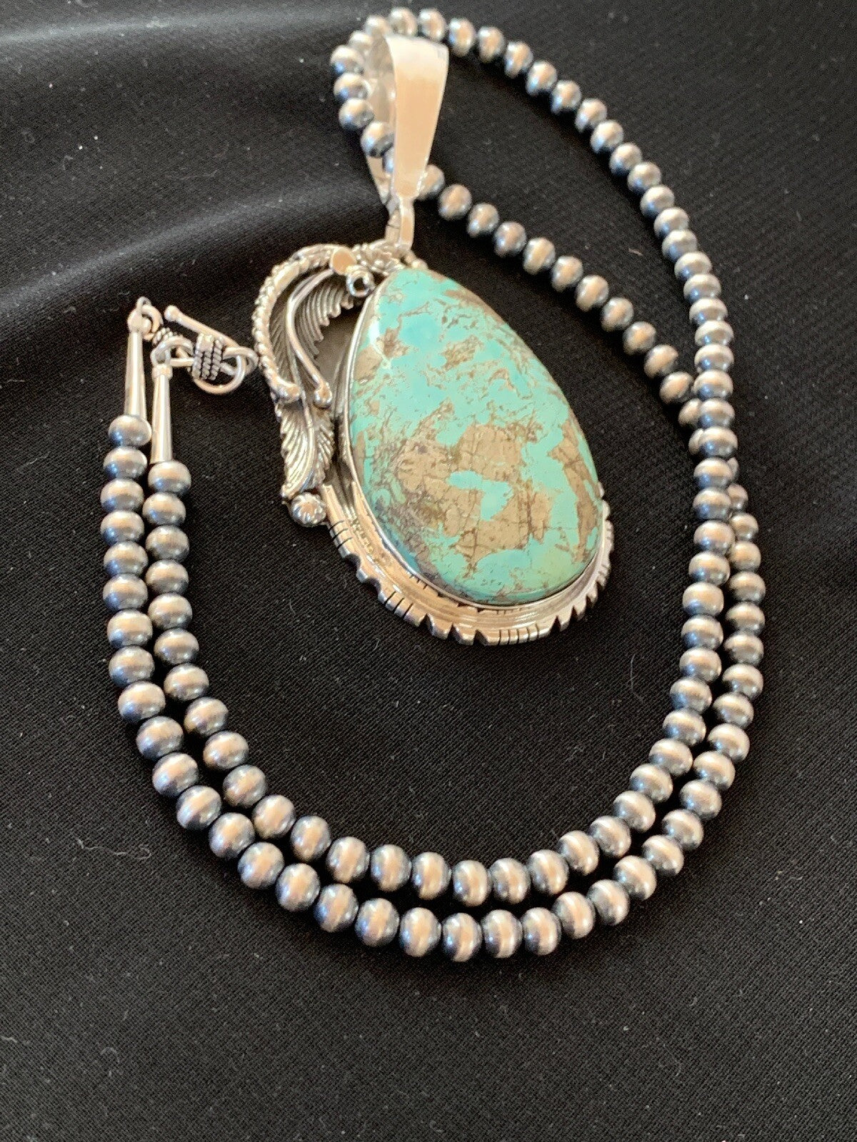 Mens Blue Turquoise Pendant Sterling Silver Necklace 02565