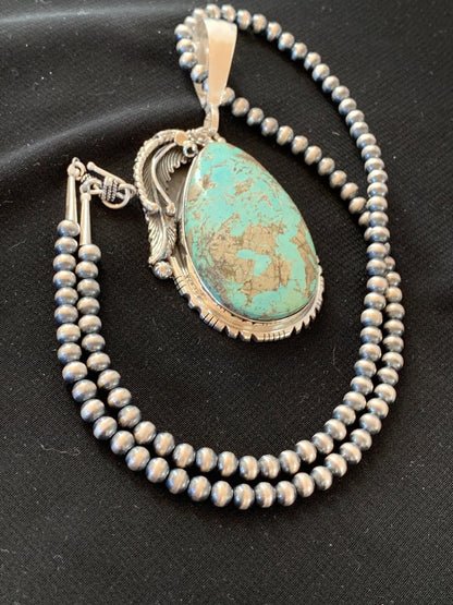 Mens Blue Turquoise Pendant Sterling Silver Necklace 02565