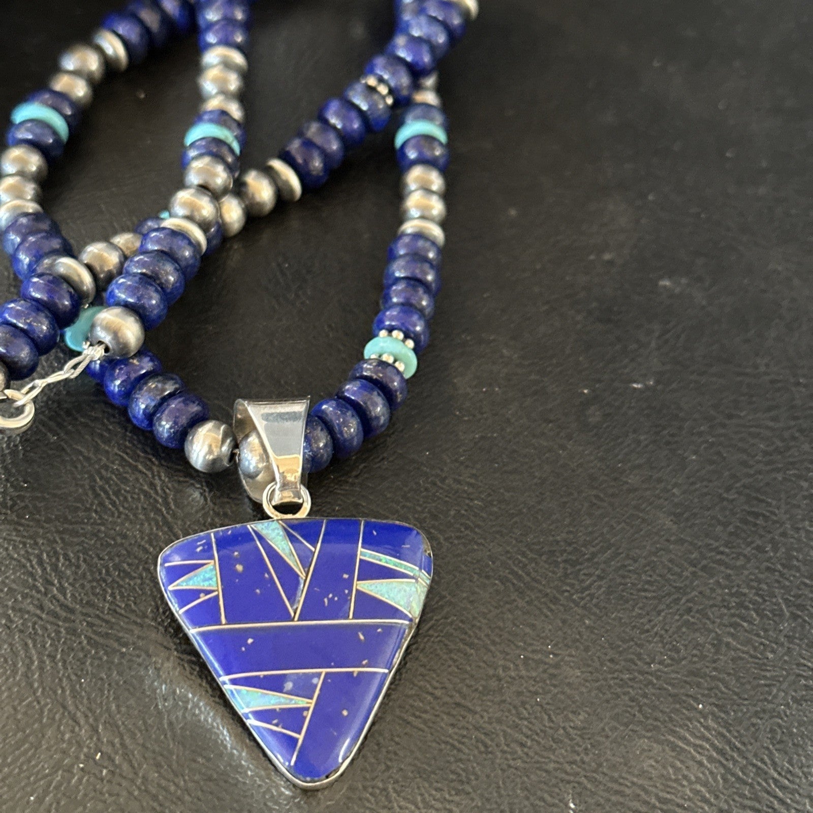 Lapis Opal Inlay Pendant Navajo Pearls Turquoise Sterling Silver Necklace 19182