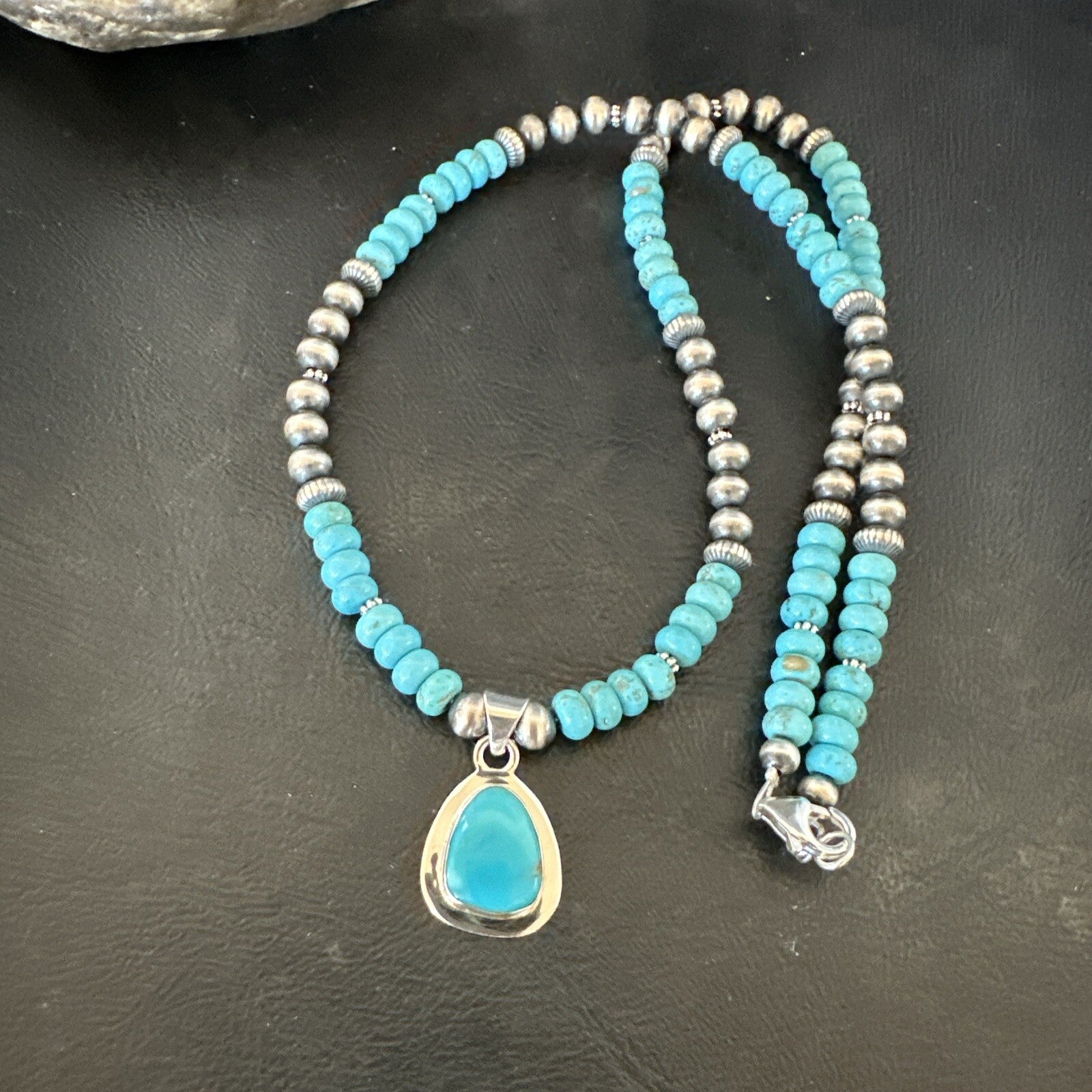 Mens Blue Kingman Turquoise Pendant Navajo Sterling Silver Necklace 21" 18110