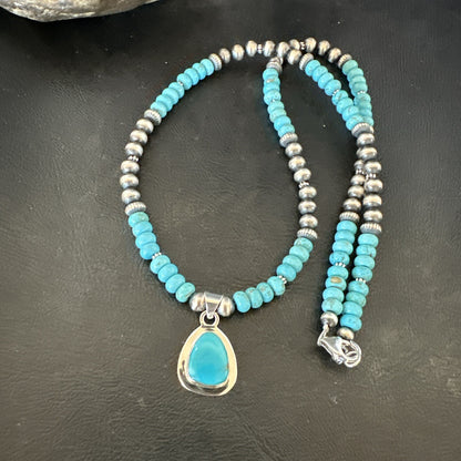 Mens Blue Kingman Turquoise Pendant Navajo Sterling Silver Necklace 21" 18110