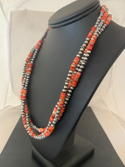 Red Spiny Oyster 3 Strands Navajo Pearls Sterling Silver Necklace 03172