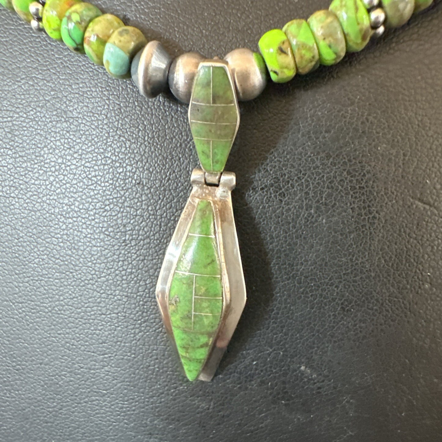 Womens Green Gaspeite Turquoise Pendant Navajo Sterling Silver Necklace 17881