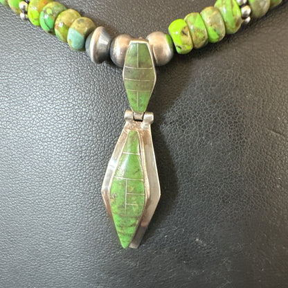 Womens Green Gaspeite Turquoise Pendant Navajo Sterling Silver Necklace 17881