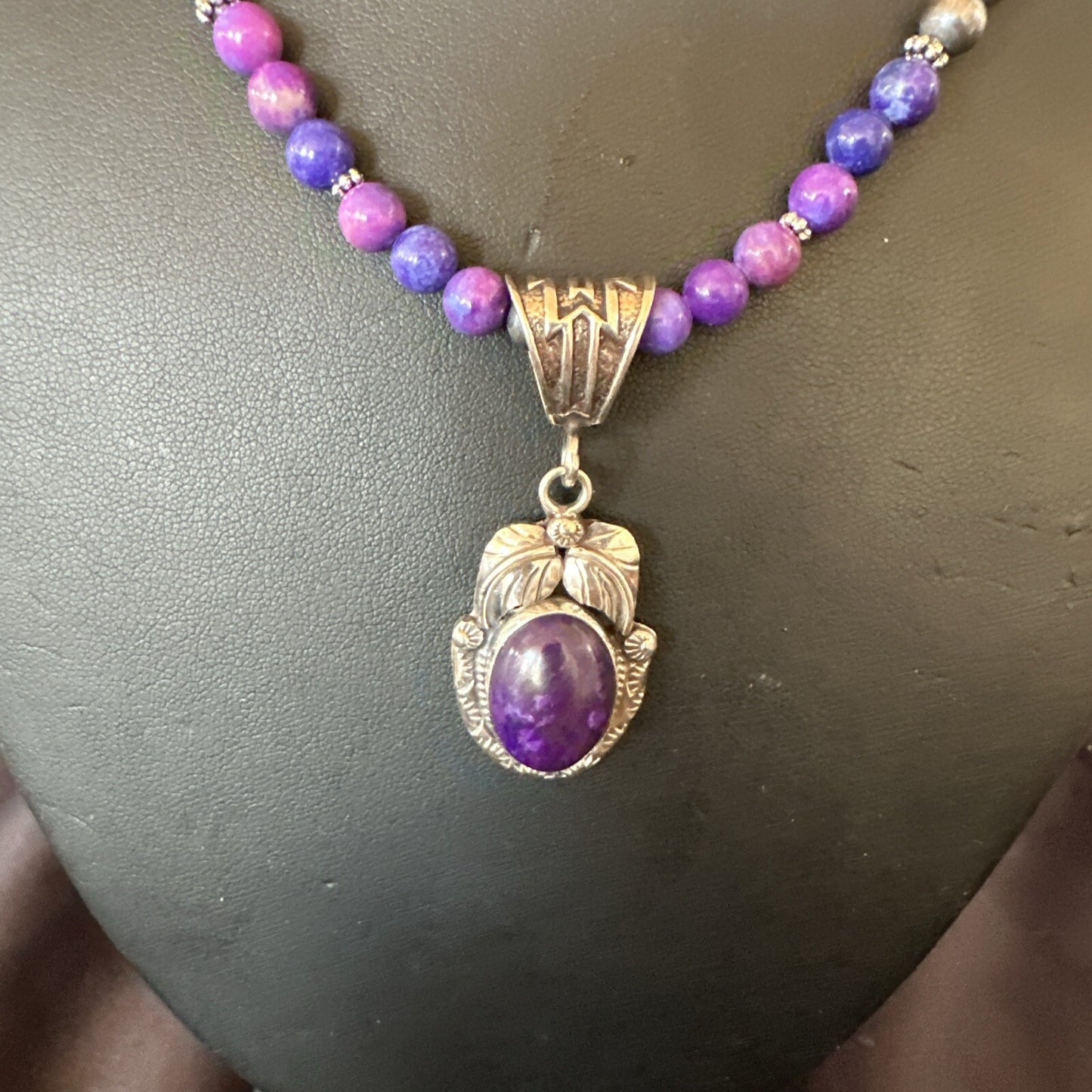 Purple Stone Pendant Navajo Sterling Silver Beads Necklace 18390