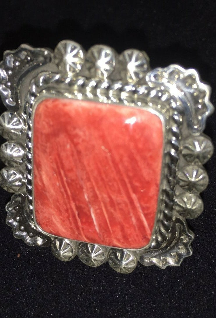 Navajo Sterling Silver Red Spiny Oyster Ring Size 8.5 01811
