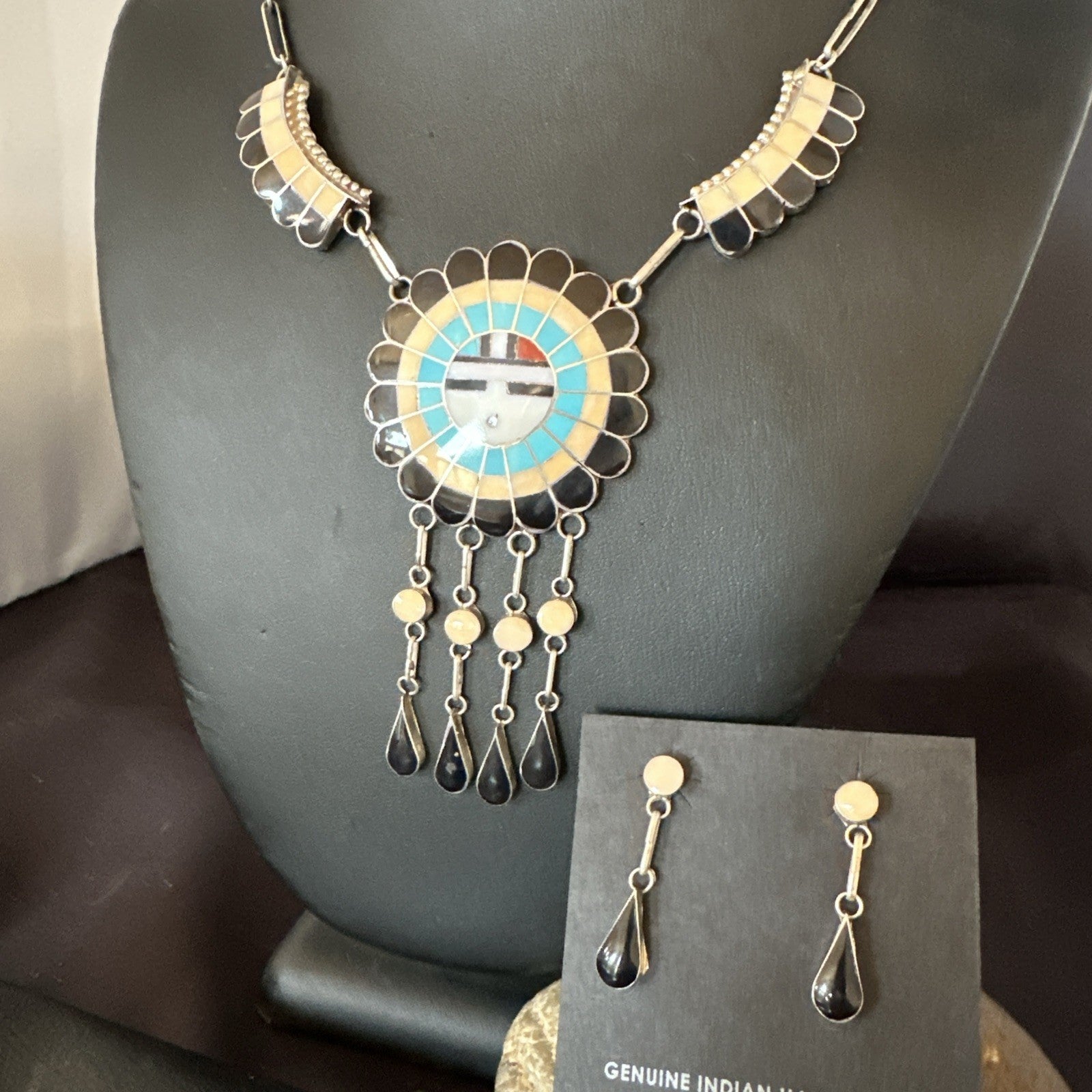 Sunface Spiny Onyx Turquoise Zuni Sterling Silver Necklace 18" Earrings 19115