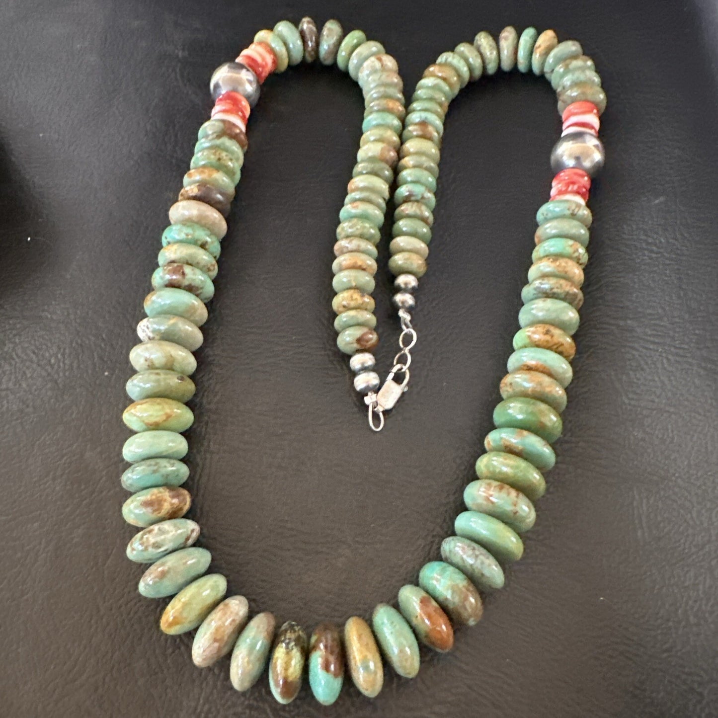 Green Turquoise Red Spiny Oyster Navajo Sterling Silver Necklace 21" 18360