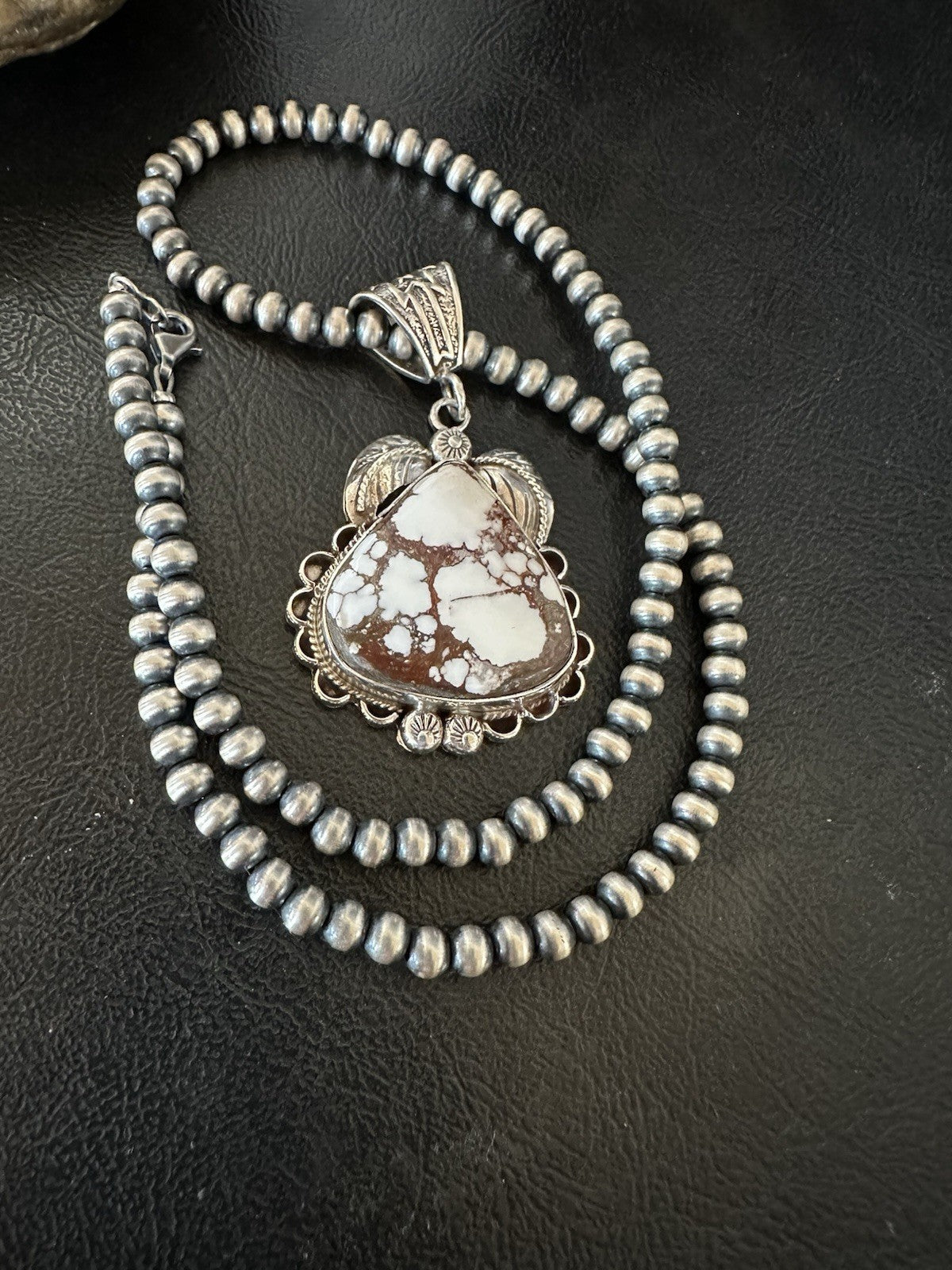 Navajo Pearls Sterling Silver Wild Crazy Horse Turquoise Necklace Pendant 19391