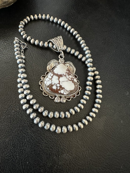Navajo Pearls Sterling Silver Wild Crazy Horse Turquoise Necklace Pendant 19391